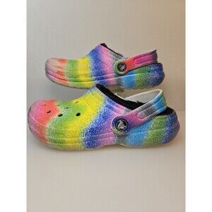 Crocs Spray Dye Rainbow Fur Lined Classic Clogs Big Kid Size J 2